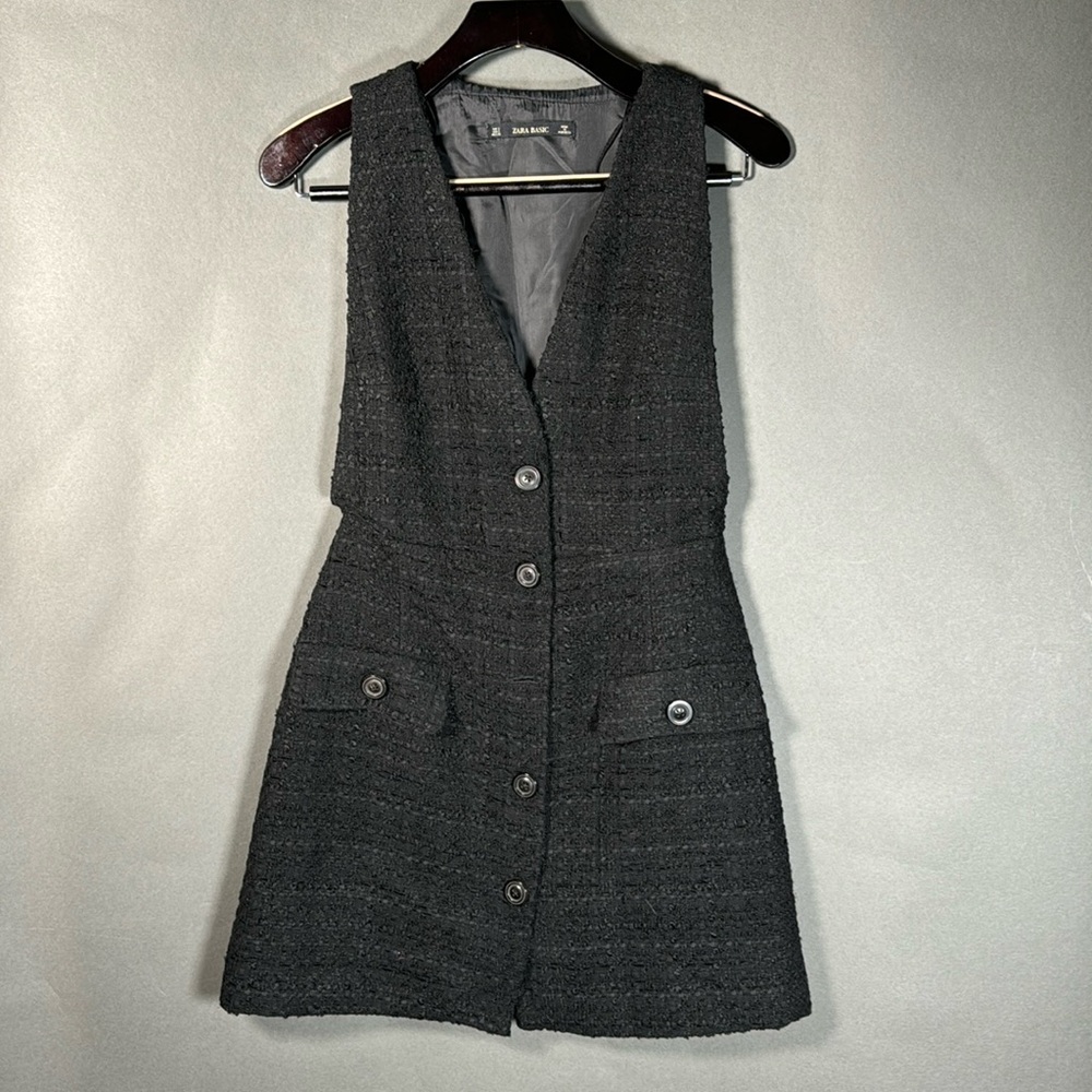 Zara black mini dress, sz Small, black, buttons, pockets, from Netflix wardrobe